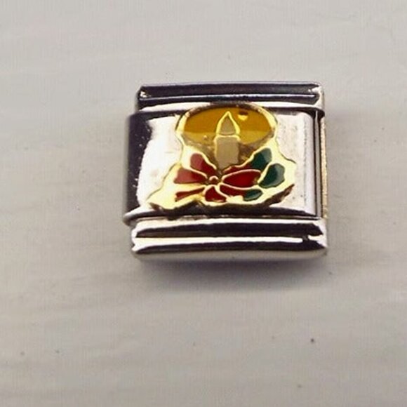 Enamel holiday candle with bow 9mm stainless steel italian charm bracelet link - Picture 1 of 2